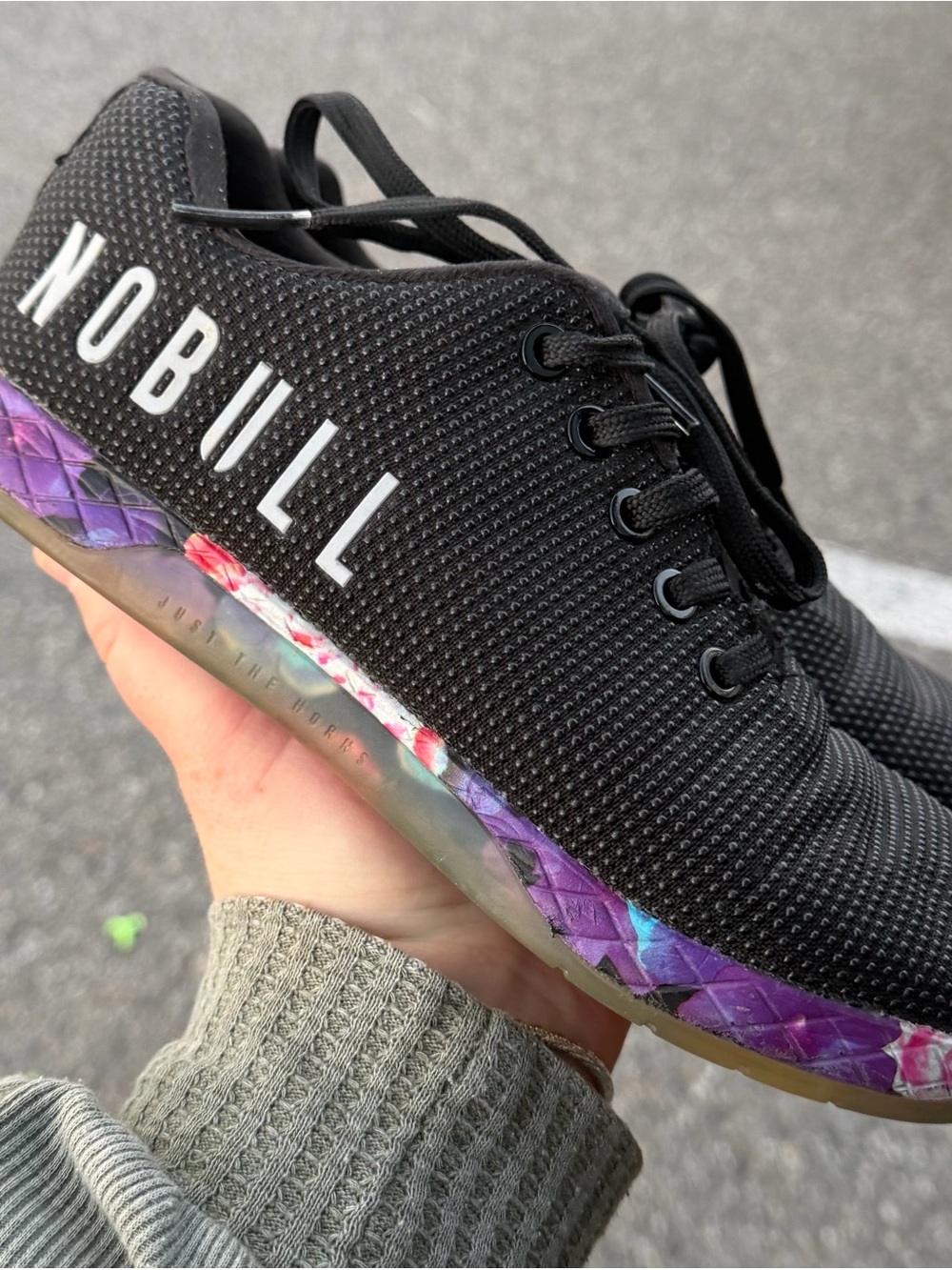 NOBULL Women's Black Trainer with Purple and Multicolor Accent Sole